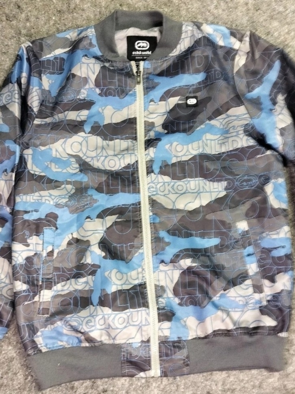 ECKO Bomber Jacket Mens S Nylon Windbreaker Gray Blue Y2K Camouflage